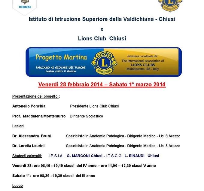 LIONS CLUB CHIUSI. PROGETTO MARTINA. “PARLIAMO CON I GIOVANI DEI TUMORI”