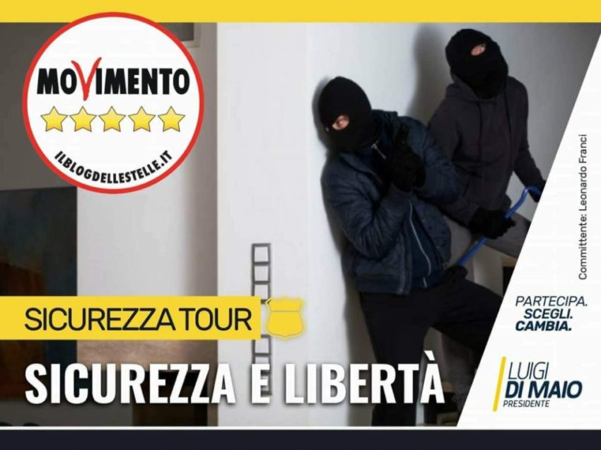 CHIUSI, I 5 STELLE APRONO LA CAMPAGNA ELETTORALE SUL TEMA SICUREZZA. MA CHE BRUTTO MANIFESTO!